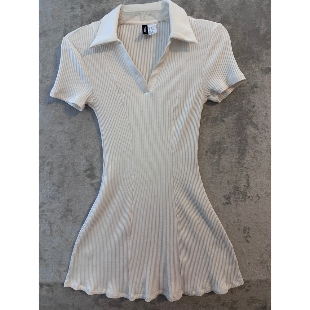 H&M Divided Ribbed Polo Mini Dress Off White Cream XS Short Sleeve V-Neck